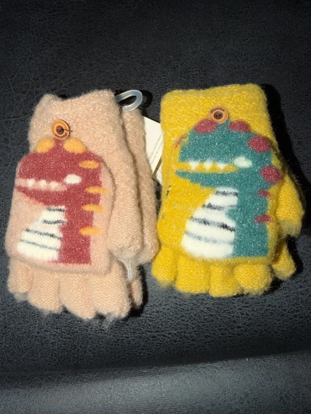 Cute Dinosaur Fingerless Gloves - Pink & Yellow